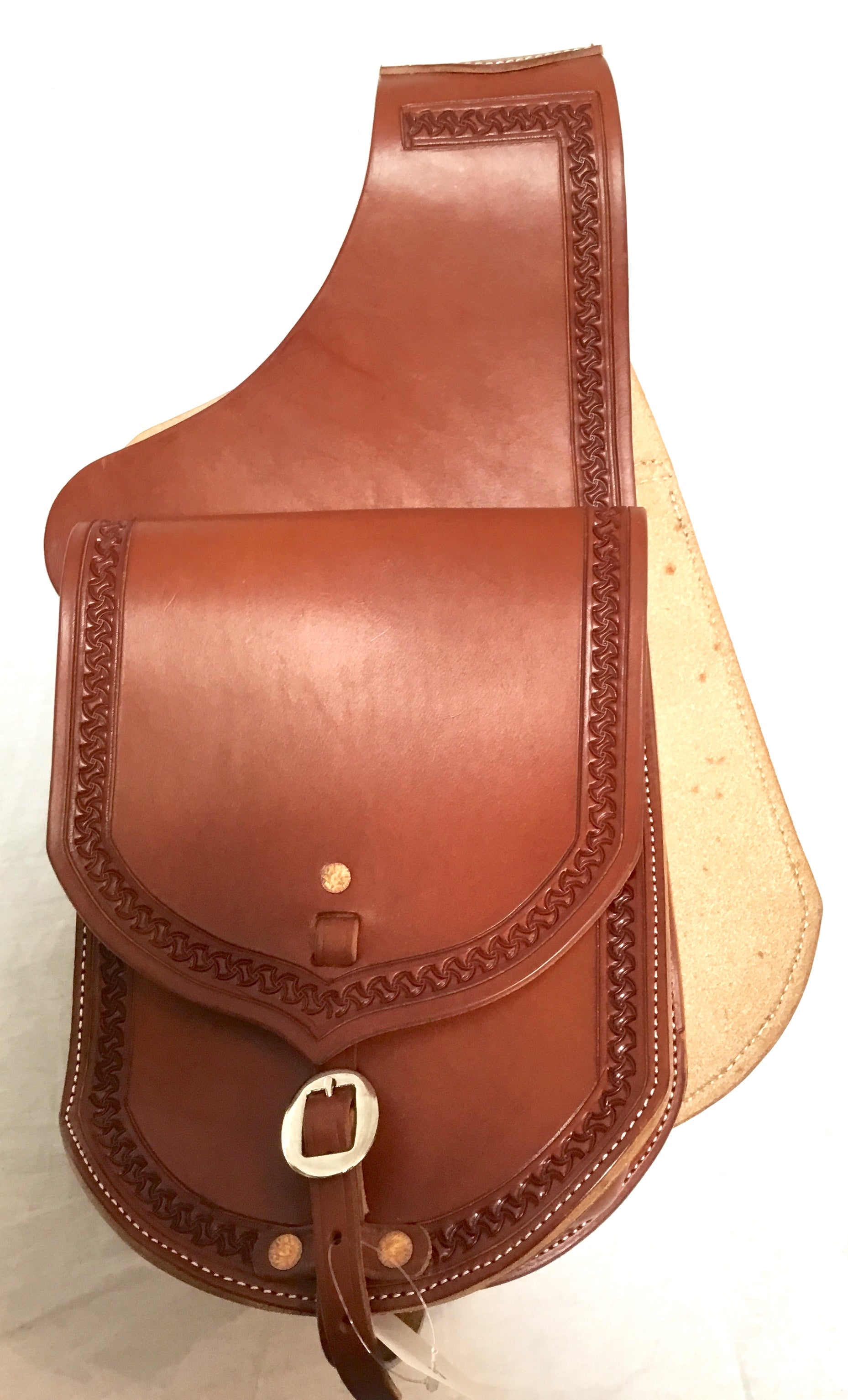 Gorgeously tooled large leather saddle store bag